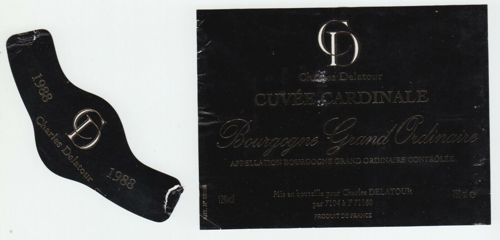 ETIQUETTE DE VIN BOURGOGNE GRAND ORDINAIRE 1988 CHARLES DELATOUR CUVEE CARDINALE 124555697029