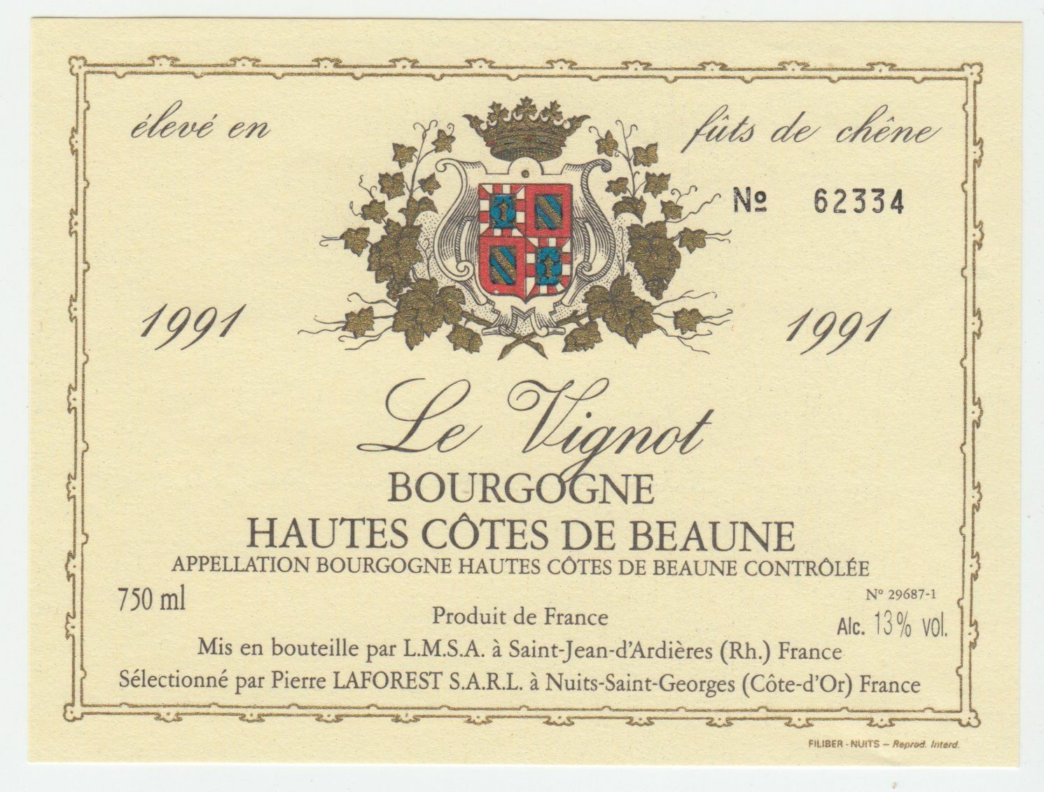 ETIQUETTE DE VIN BOURGOGNE HAUTES COTES DE BEAUNE 1991 LE VIGNOT 124555697039