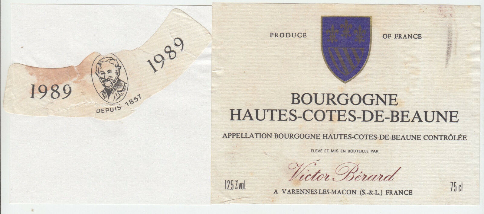 ETIQUETTE DE VIN BOURGOGNE HAUTES COTES DE BEAUNE VICTOR BERARD 1989 402673357249