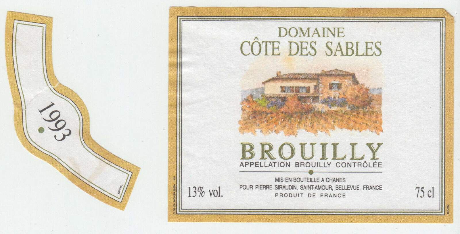 ETIQUETTE DE VIN BROUILLY 1993 DOMAINE COTE DES SABLES 124555697069