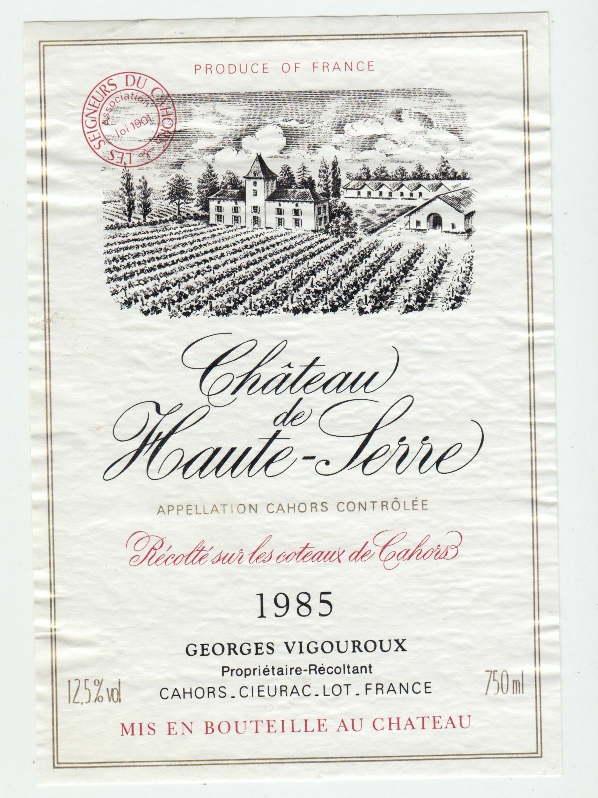 ETIQUETTE DE VIN CAHORS 1985 CHATEAU DE HAUTE SERRE 124552112069