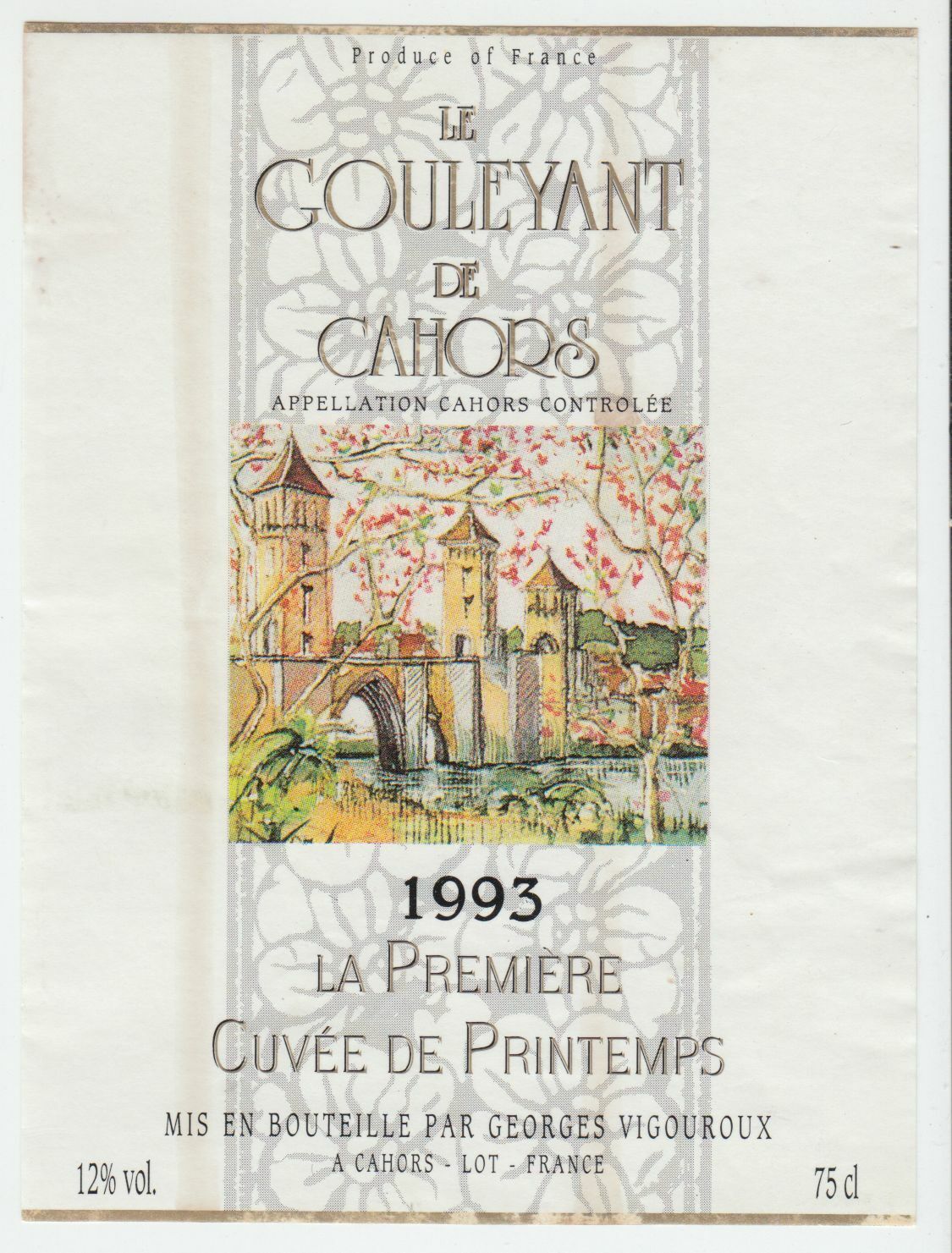 ETIQUETTE DE VIN CAHORS 1993 LE GOULEYANT DE CAHORS 402669072089