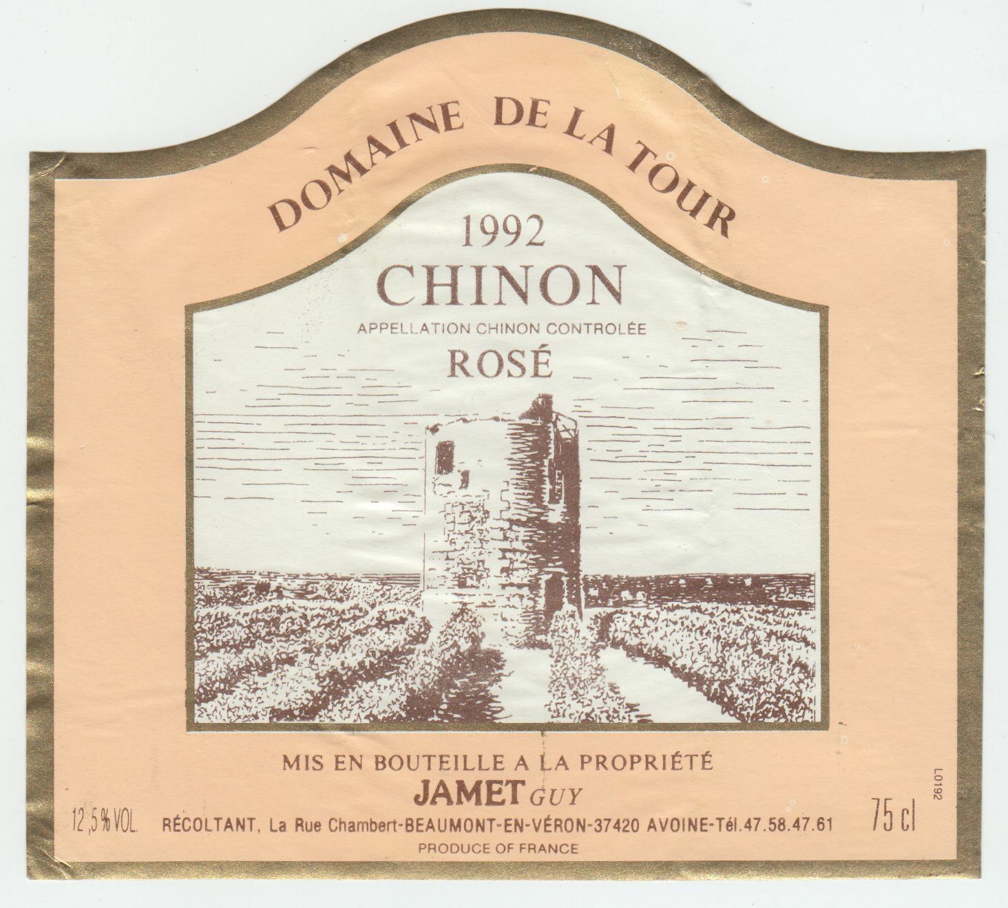 ETIQUETTE DE VIN CHINON 1992 DOMAINE DE LA TOUR ROSE JAMET GUY 124511870219