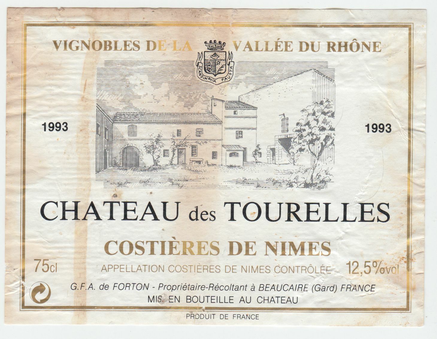 ETIQUETTE DE VIN COSTIERES DE NIMES 1993 CHATEAU DES TOURELLES 124461948539