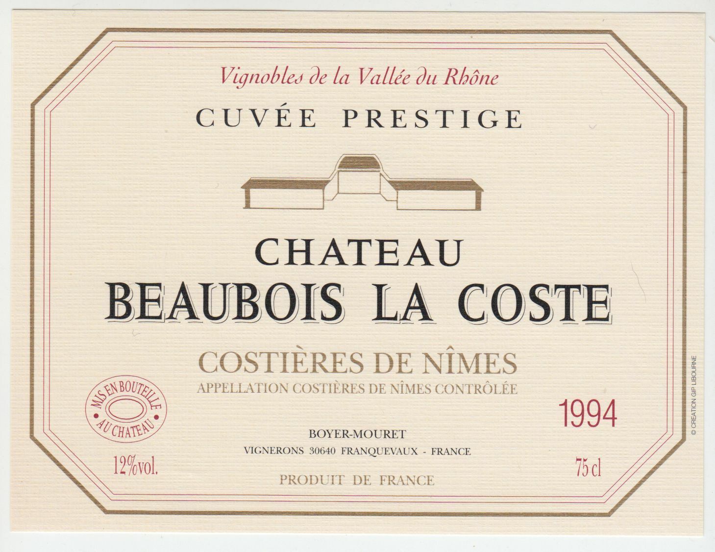 ETIQUETTE DE VIN COSTIERES DE NIMES 1994 CHATEAU BEAUDOIS LA COSTE 124463377129