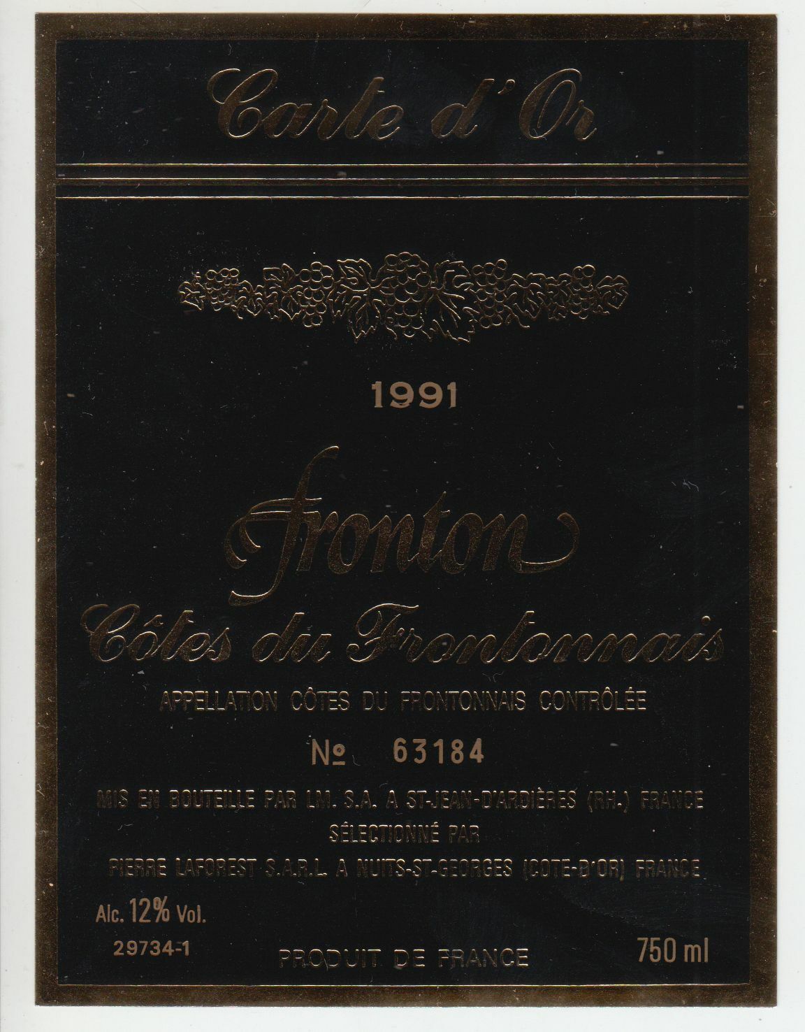 ETIQUETTE DE VIN COTE DU FRONTONNAIS FRONTON 1991 CARTE D OR 124552112039