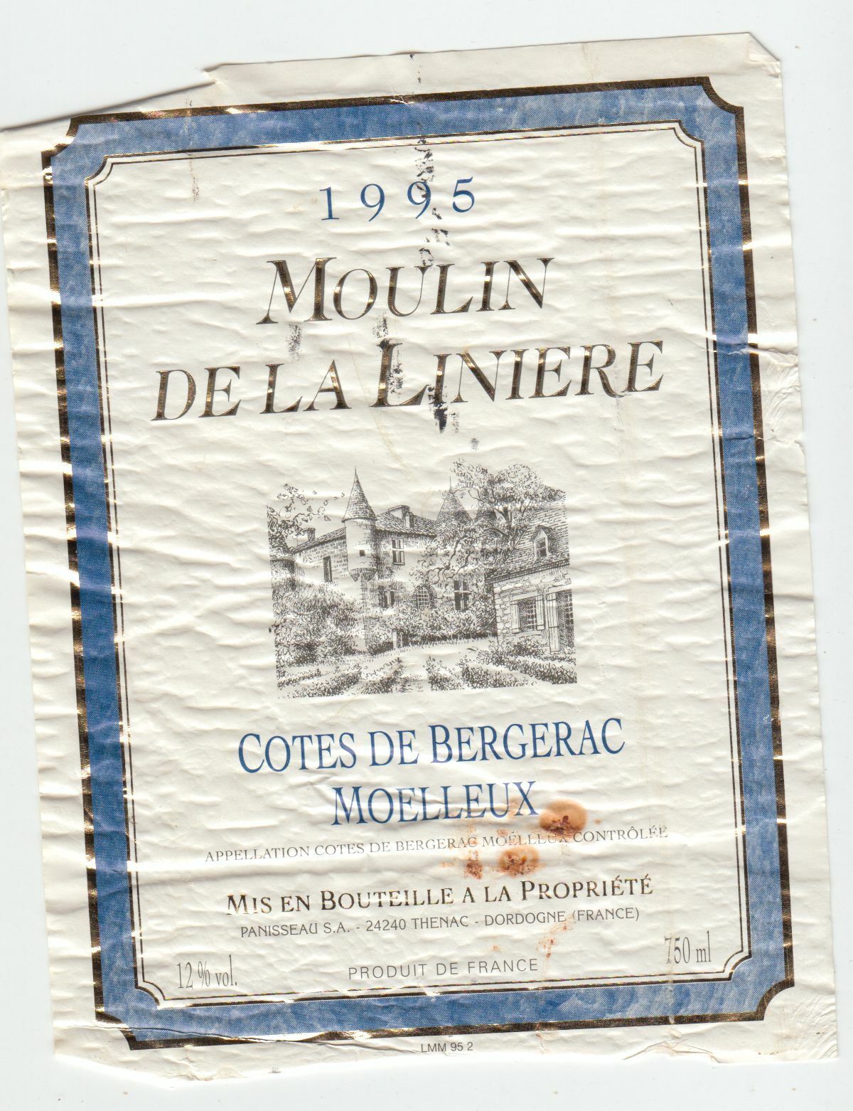 ETIQUETTE DE VIN COTES DE BERGERAC MOELLEUX 1995 MOULIN DE LA LINIERE 124552112019