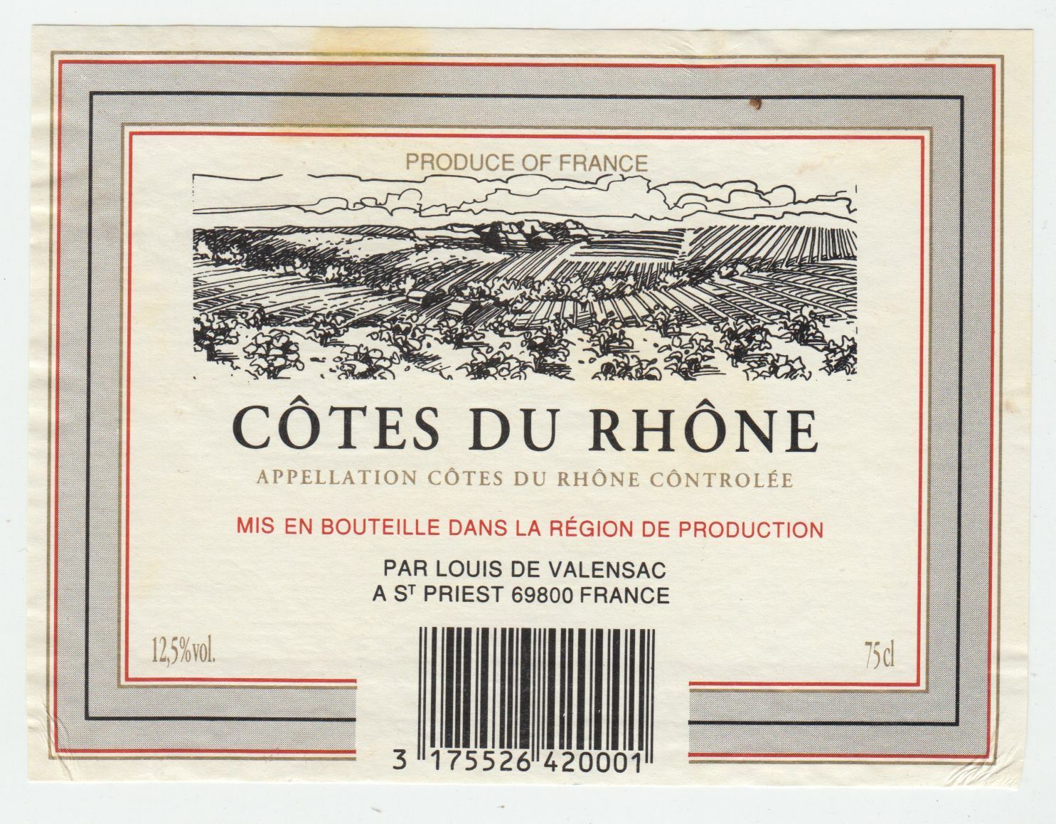 ETIQUETTE DE VIN COTES DU RHONE LOUIS DE VALENSAC ST PRIEST 402581823769