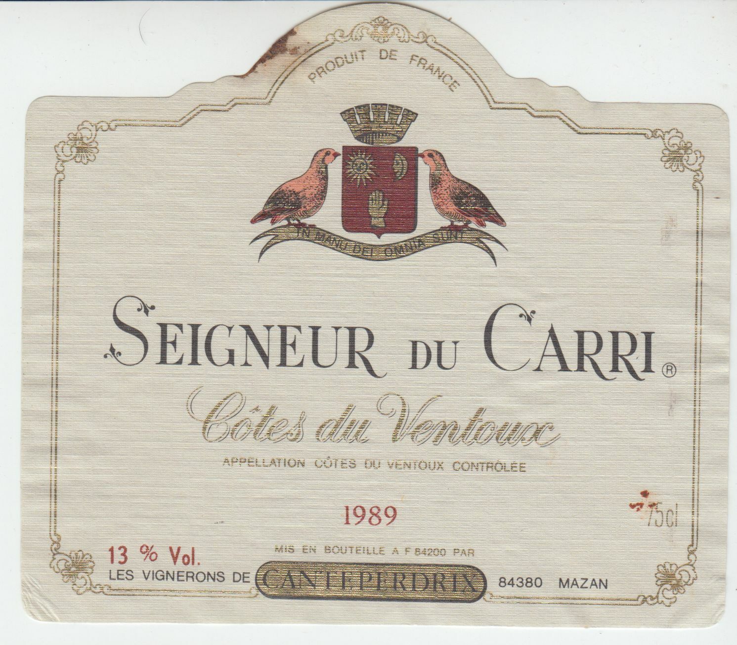 ETIQUETTE DE VIN COTES DU VENTOUX 1989 SEIGNEUR DU CARRI CANTEPERDRIX 124461948579