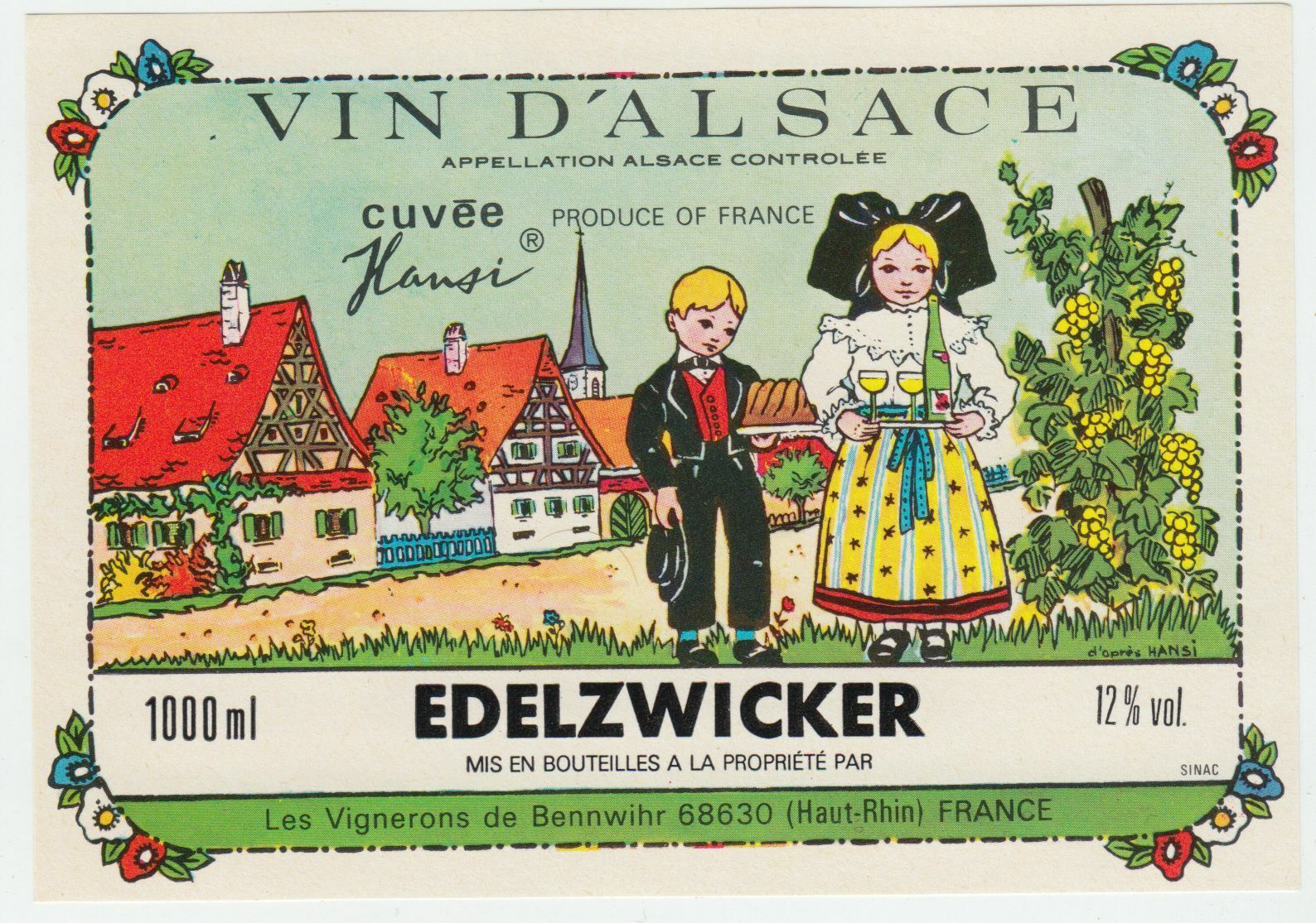 ETIQUETTE DE VIN D ALSACE EDELZWICKER CUVEE HANSI 402631697829