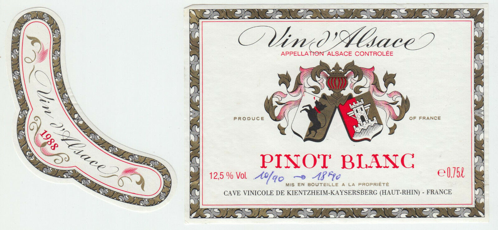 ETIQUETTE DE VIN D ALSACE PINOT BLANC 1988 KIENTZHEIM KAYSERSBERG 124511869329