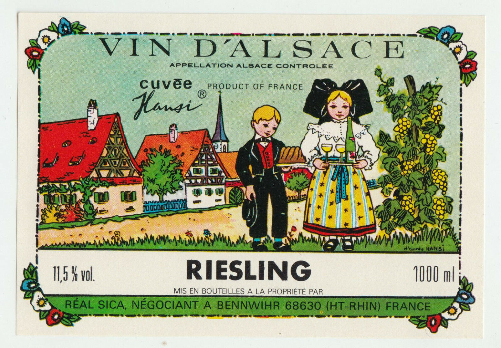 ETIQUETTE DE VIN D ALSACE RIESLING CUVEE HANSI 124511869359