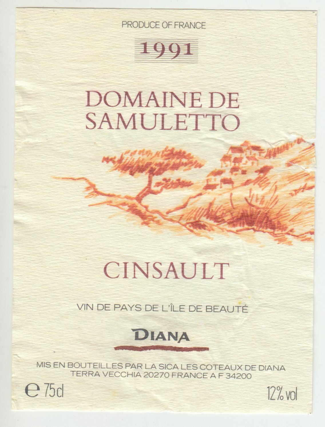 ETIQUETTE DE VIN DE L ILE DE BEAUTE CORSE 1991 DOMAINE DE SAMULETTO VECCHIA 402689167329