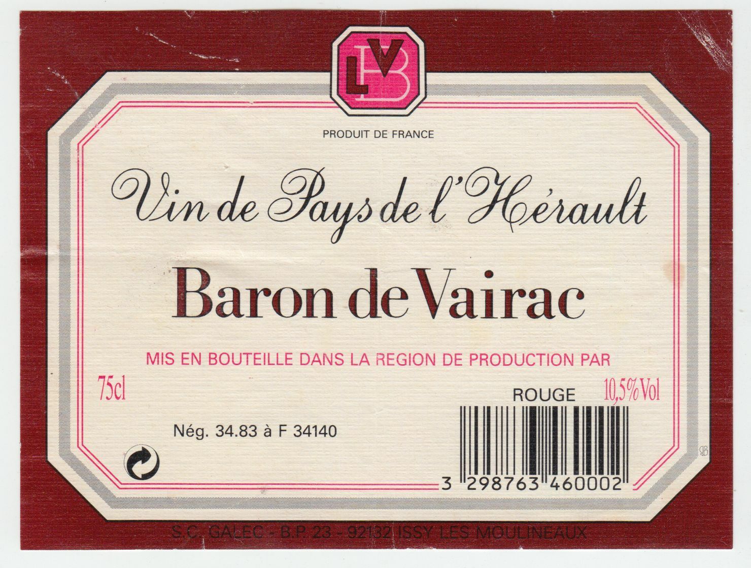 ETIQUETTE DE VIN DE PAYS DE L HERAULT BARON DE VAIRAC 402690973559