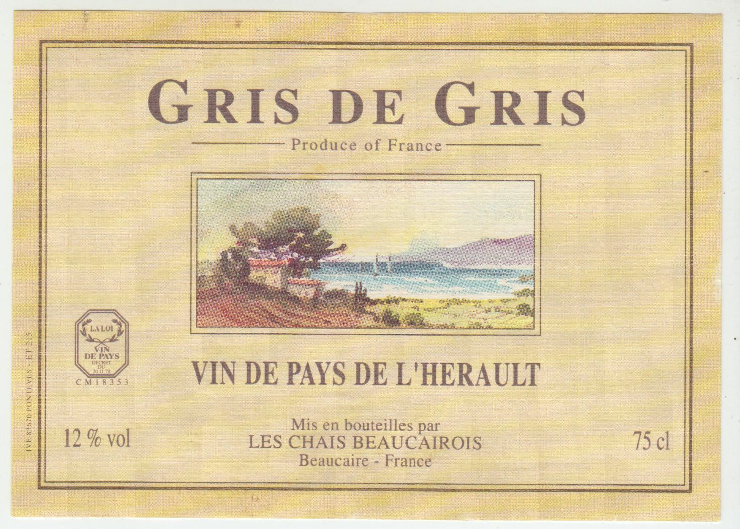 ETIQUETTE DE VIN DE PAYS DE L HERAULT GRIS DE GRIS 124572490049