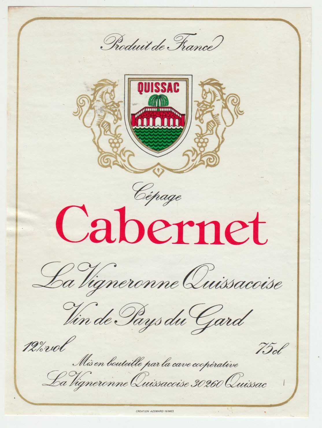 ETIQUETTE DE VIN DE PAYS DU GARD CEPAGE CABERNET LA VIGNERONNE QUISSACOISE 402690973609