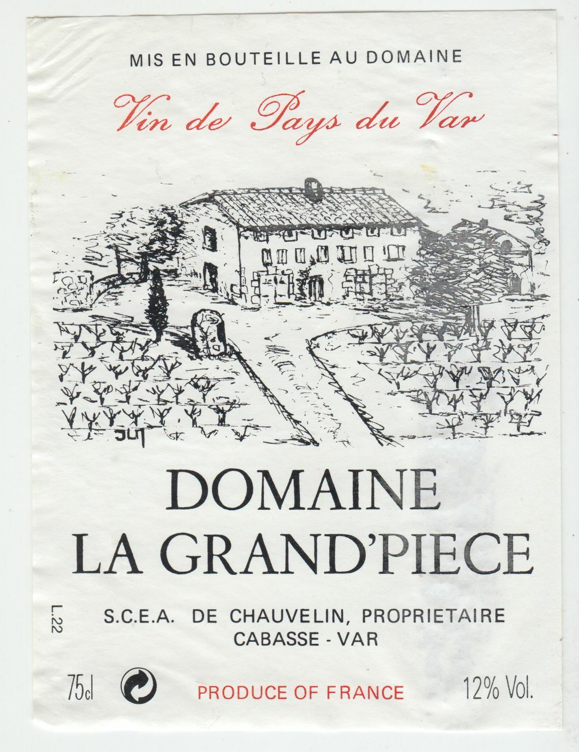 ETIQUETTE DE VIN DE PAYS DU VAR DOMAINE LA GRAND PIECE CABASSE 124569409519