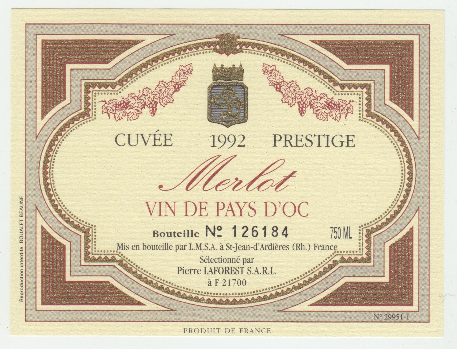 ETIQUETTE DE VIN DU PAYS D OC 1992 CUVEE PRESTIGE MERLOT NUMEROTE 124572490029