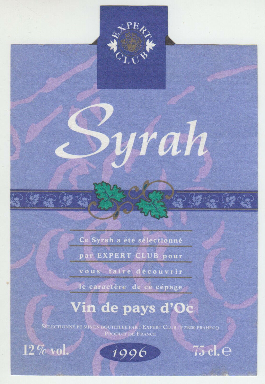 ETIQUETTE DE VIN DU PAYS D OC 1996 SYRAH 402690973619