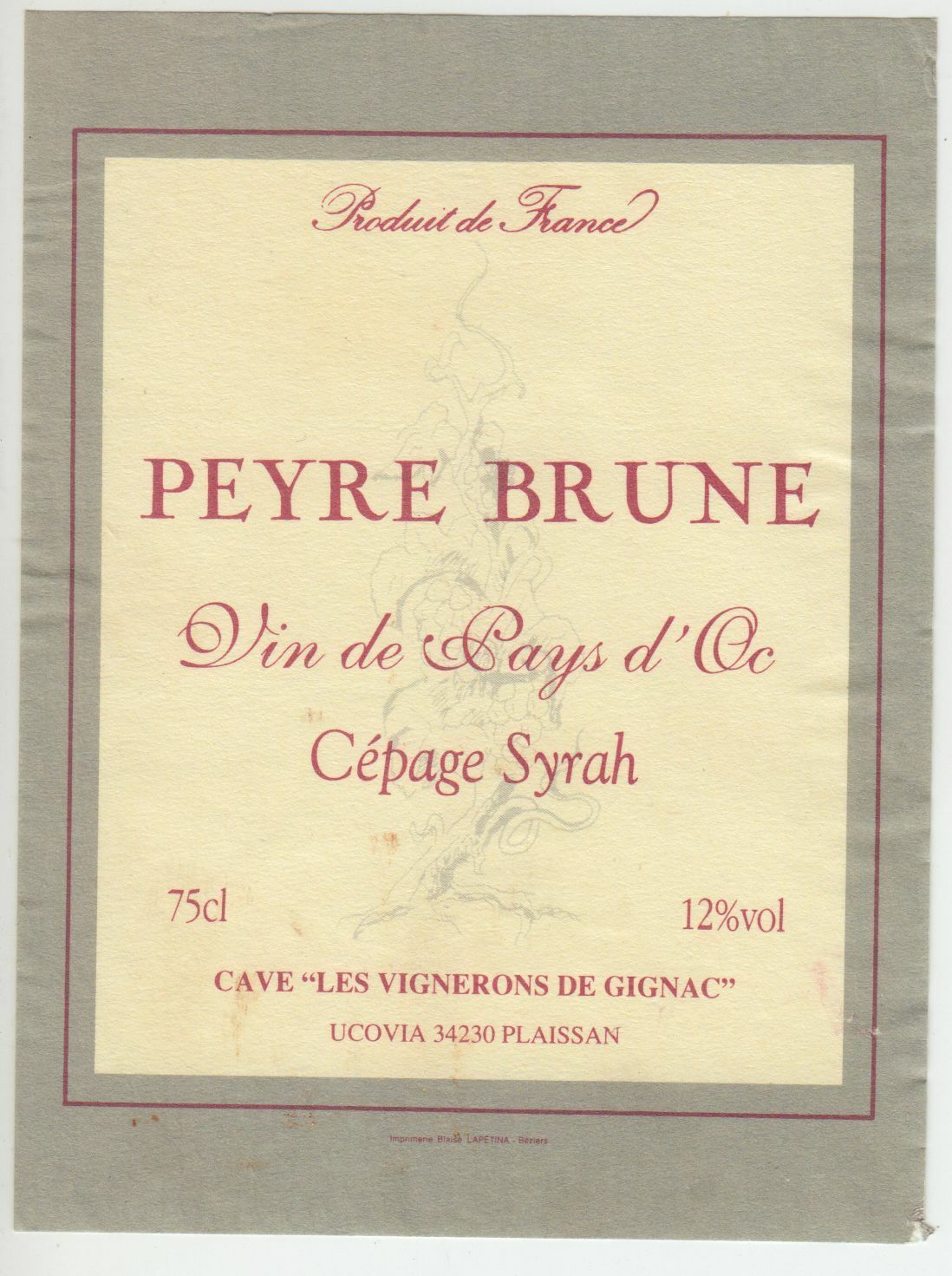 ETIQUETTE DE VIN DU PAYS D OC PEYRE BRUNE CEPAGE SYRAH 124572490039