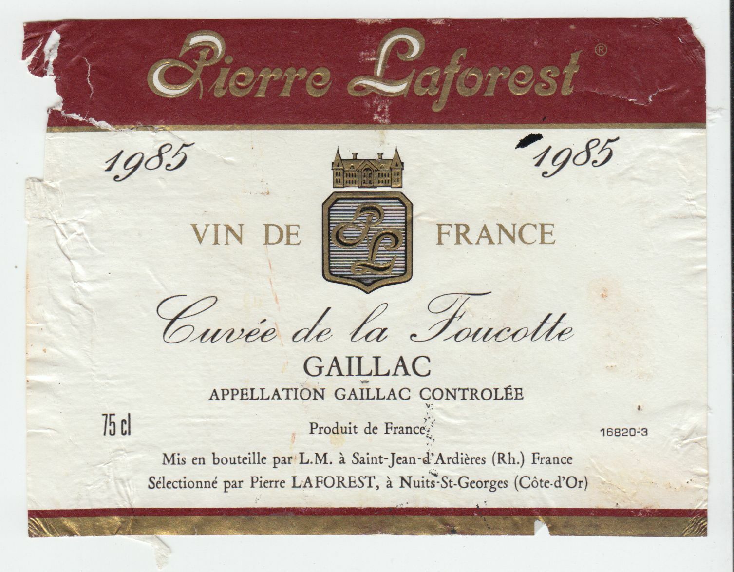 ETIQUETTE DE VIN GAILLAC 1985 CUVEE DE LA FOUCOTTE 402669072079