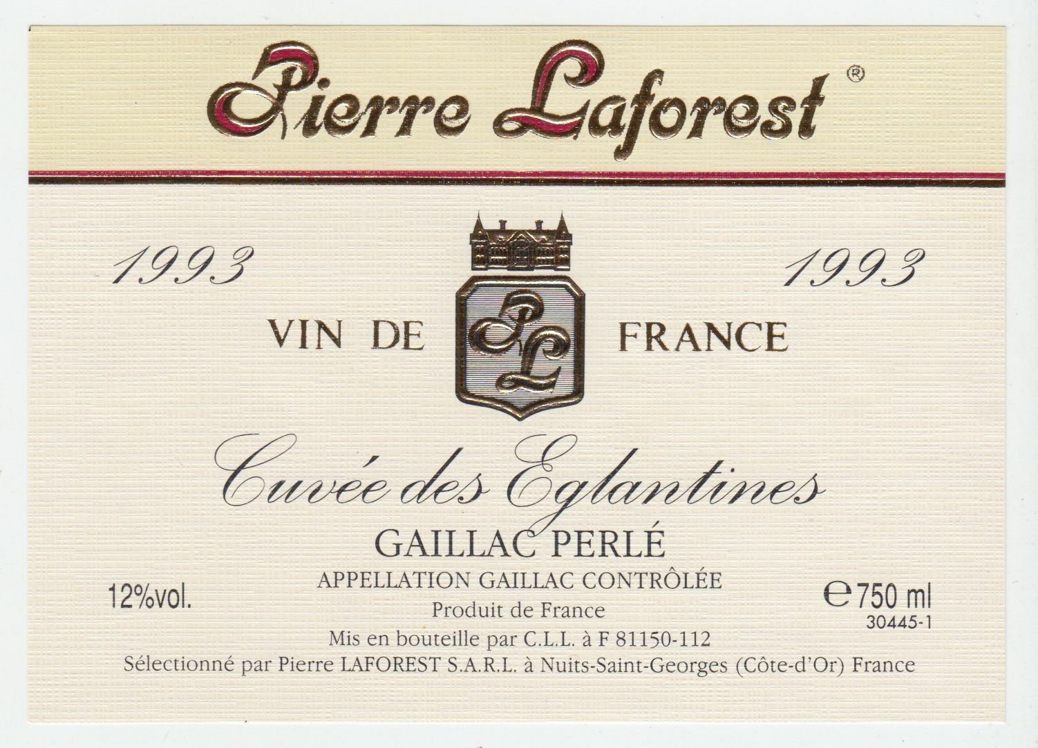 ETIQUETTE DE VIN GAILLAC 1993 CUVEE DES EGLANTINES 124552112029