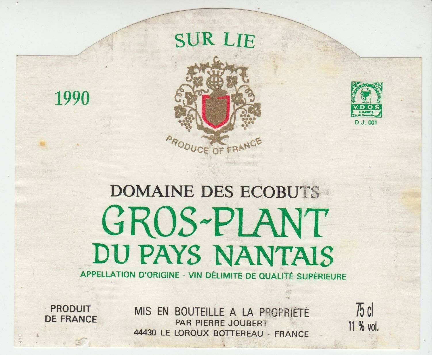 ETIQUETTE DE VIN GROS PLANT DU PAYS NANTAIS SUR LIE DOMAINE DES ECOBUTS 1990 124511871039