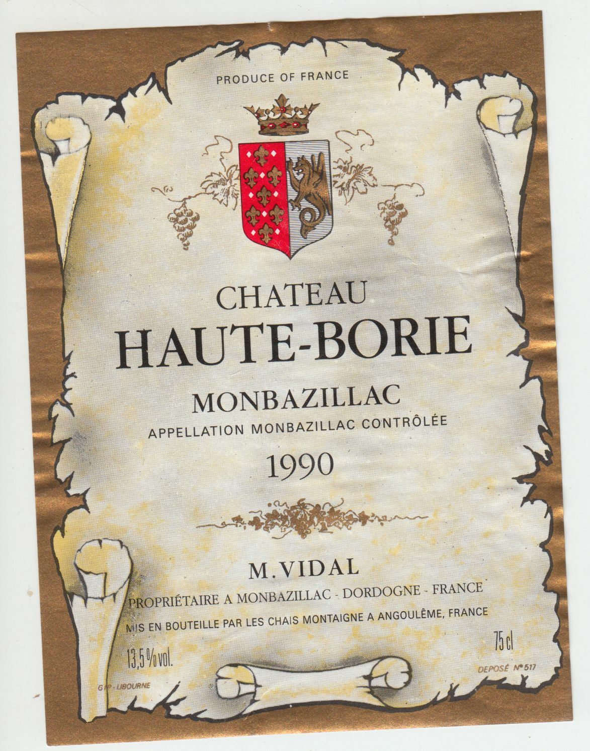 ETIQUETTE DE VIN MONBAZILLAC CHATEAU HAUTE BORIE 1990 124539262559