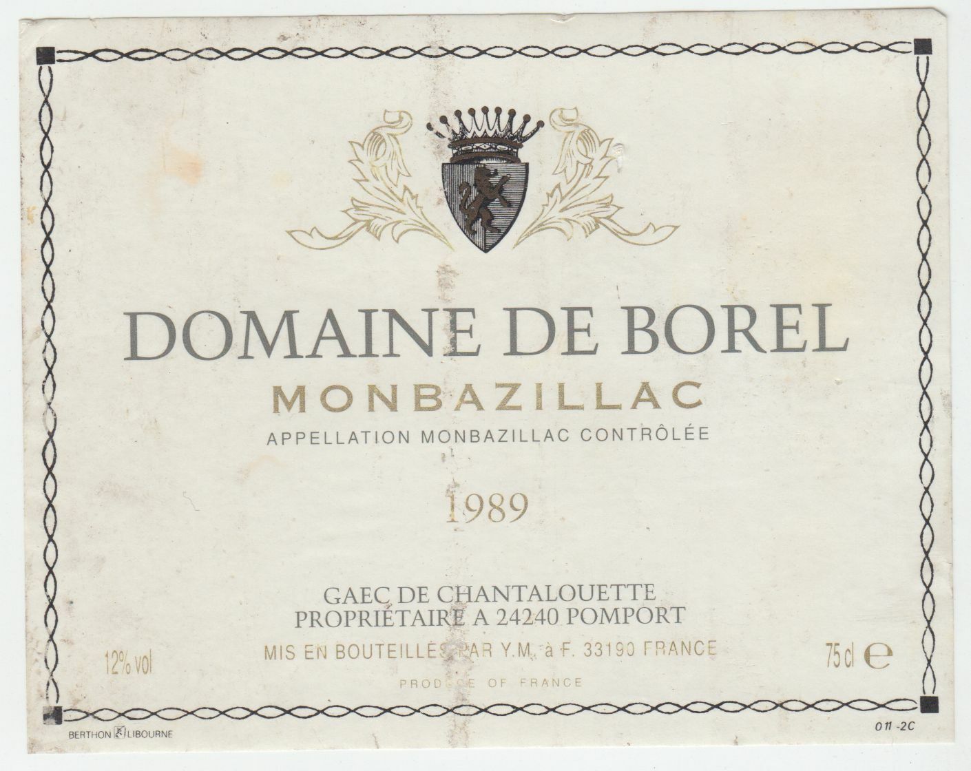 ETIQUETTE DE VIN MONBAZILLAC DOMAINE DE BOREL 1989 124539262519