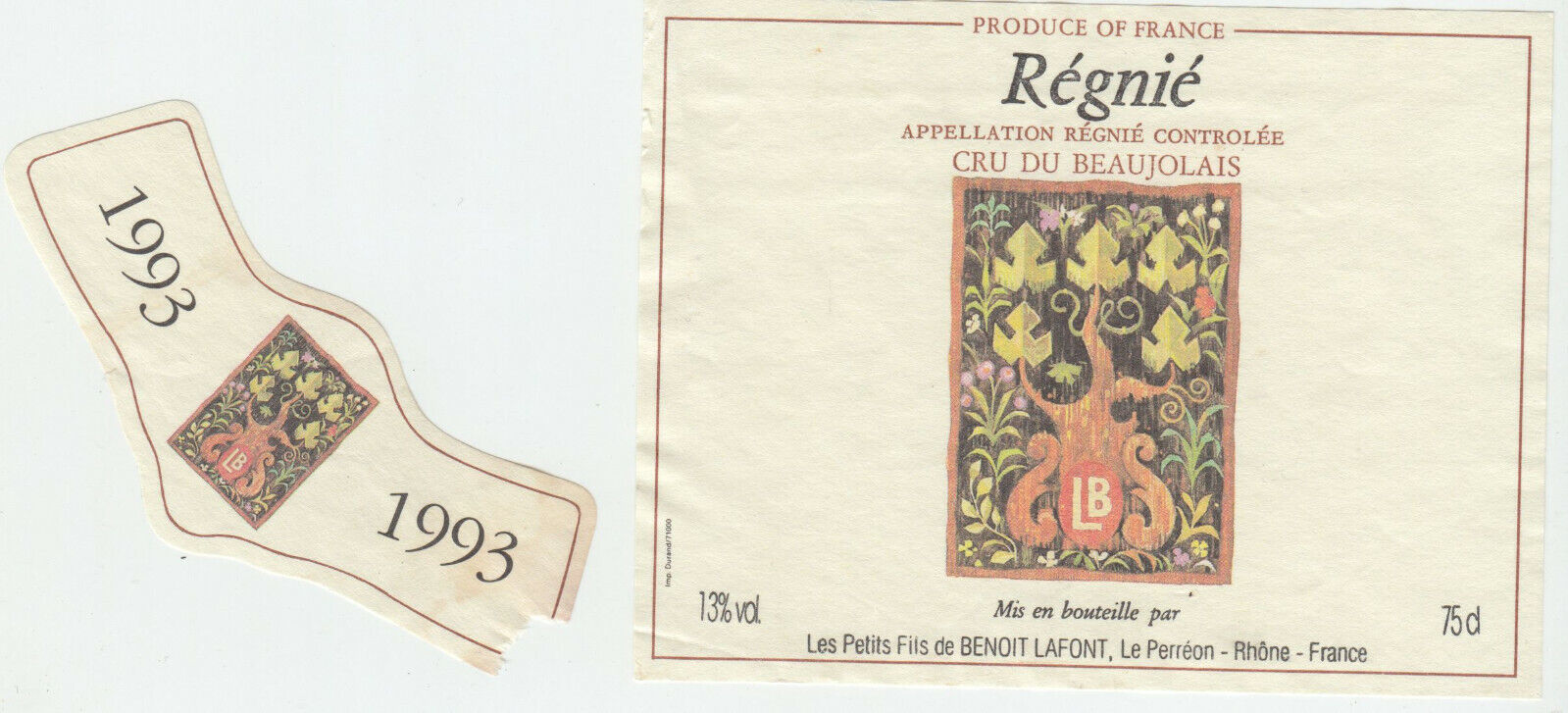 ETIQUETTE DE VIN REGNIE 1993 BENOIT LAFONT 124552112049