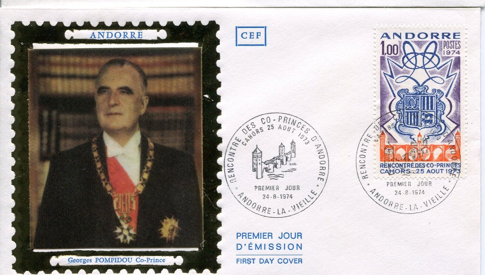 FDC PREMIER JOUR ANDORRE 1974 TIMBRE N 239 GEORGES POMPIDOU CO PRINCE 400790511479