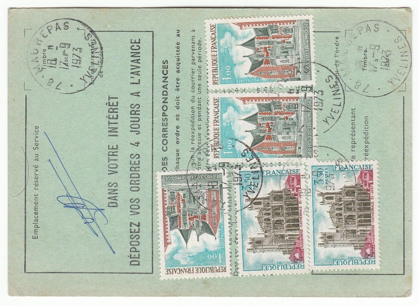 FRANCE TIMBRE ORDRE DE REEXPEDITION MAUREPAS POUR MAUREPAS 1973 401076108199