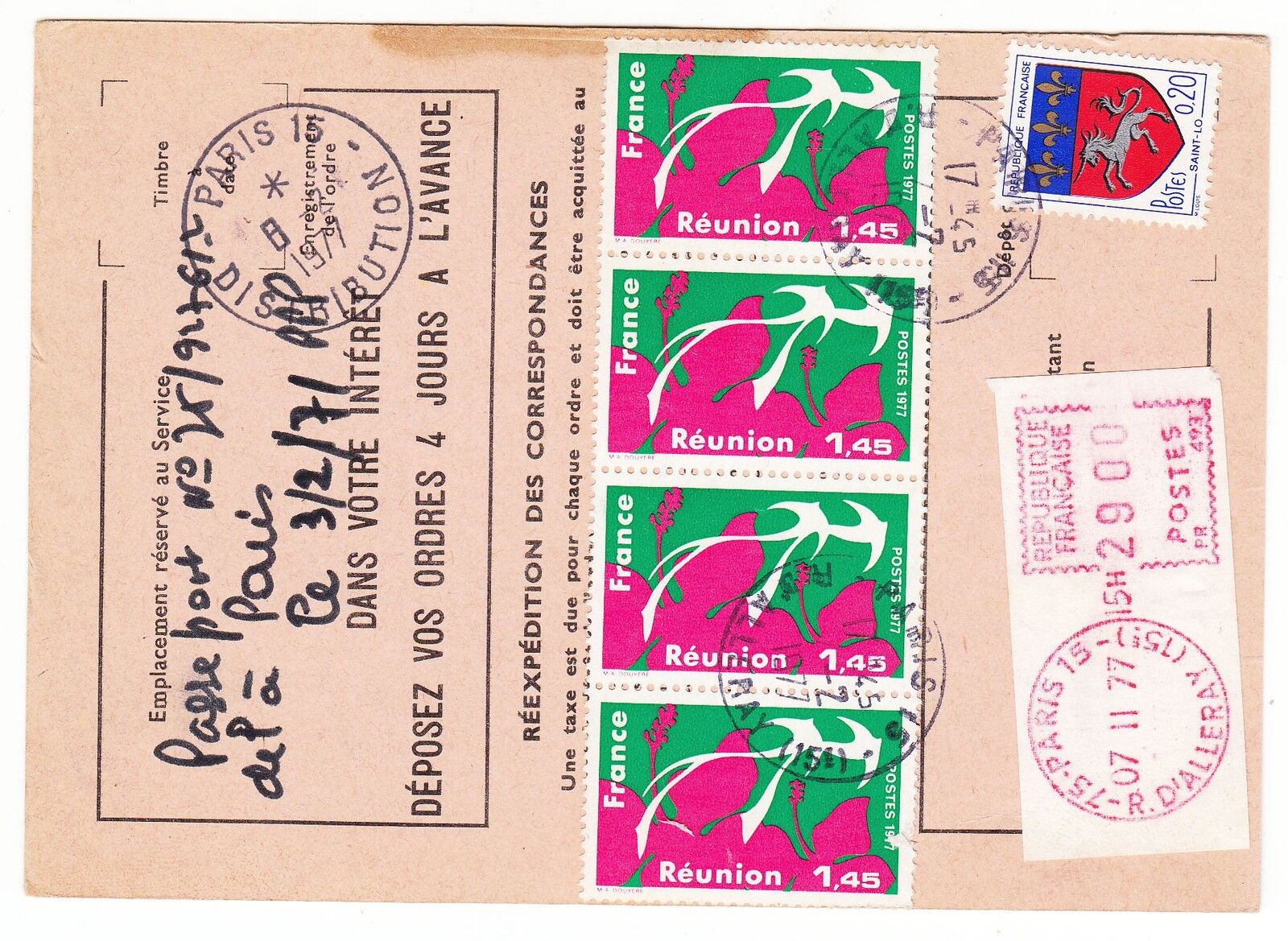 FRANCE TIMBRE ORDRE DE REEXPEDITION PARIS POUR ANGERS 1977 121902393129