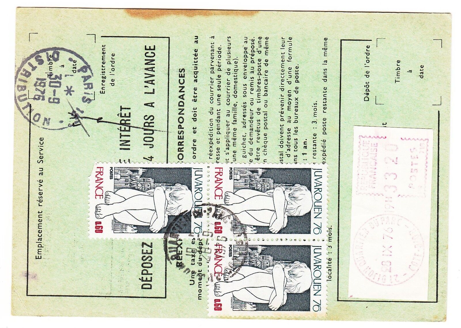 FRANCE TIMBRE ORDRE DE REEXPEDITION PARIS POUR DIJON 1976 401076081449