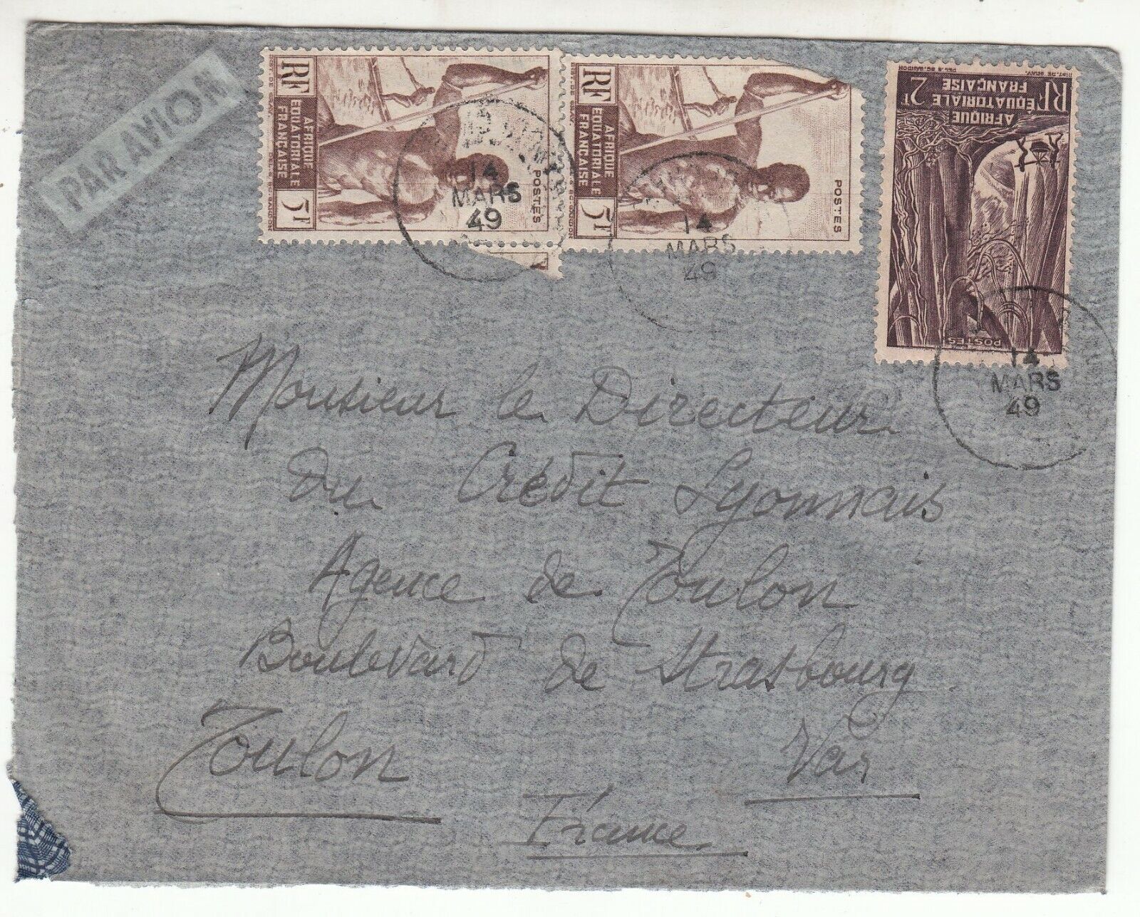 LETTRE AEF OUBANGHINI CHARI TOULON 1949 CREDIT LYONNAIS PAR AVION 401756776019