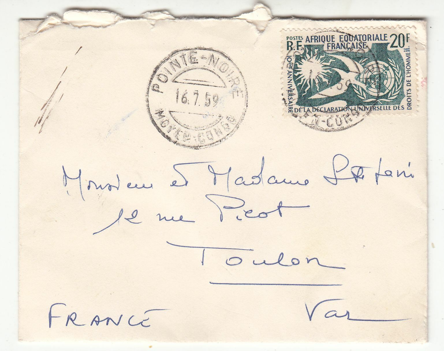 LETTRE AEF POINTE NOIR MOYEN CONGO TOULON 1959 PAR AVION 401756776009