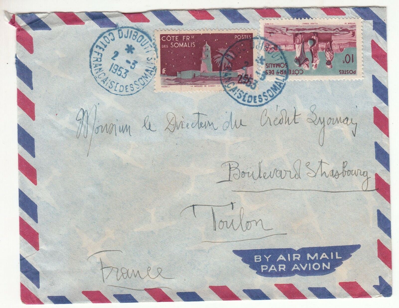 LETTRE AGENCE DJIBOUTI COTE FRANCAISE DE SOMALIS TOULON 1953 CREDIT LYONNAIS 401757013049