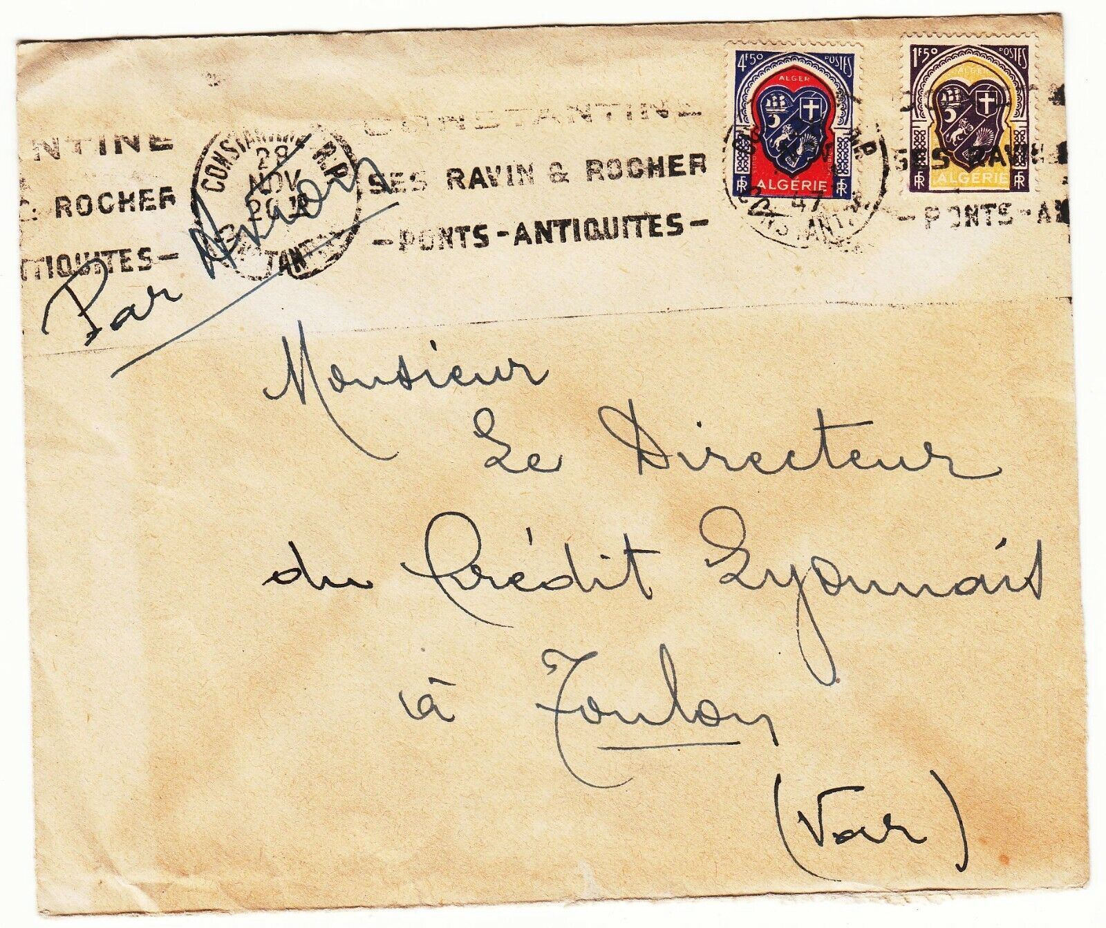 LETTRE ALGERIE CONSTANTINE FLAMME ROCHER TOULON CREDIT LYONNAIS 1947 AVION 401753061789