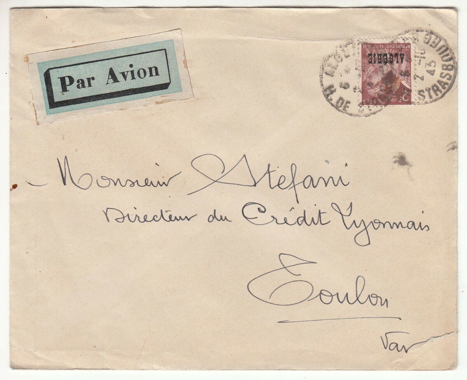 LETTRE ALGERIE H DE STRASBOURG TOULON CREDIT LYONNAIS 1943 401759806459