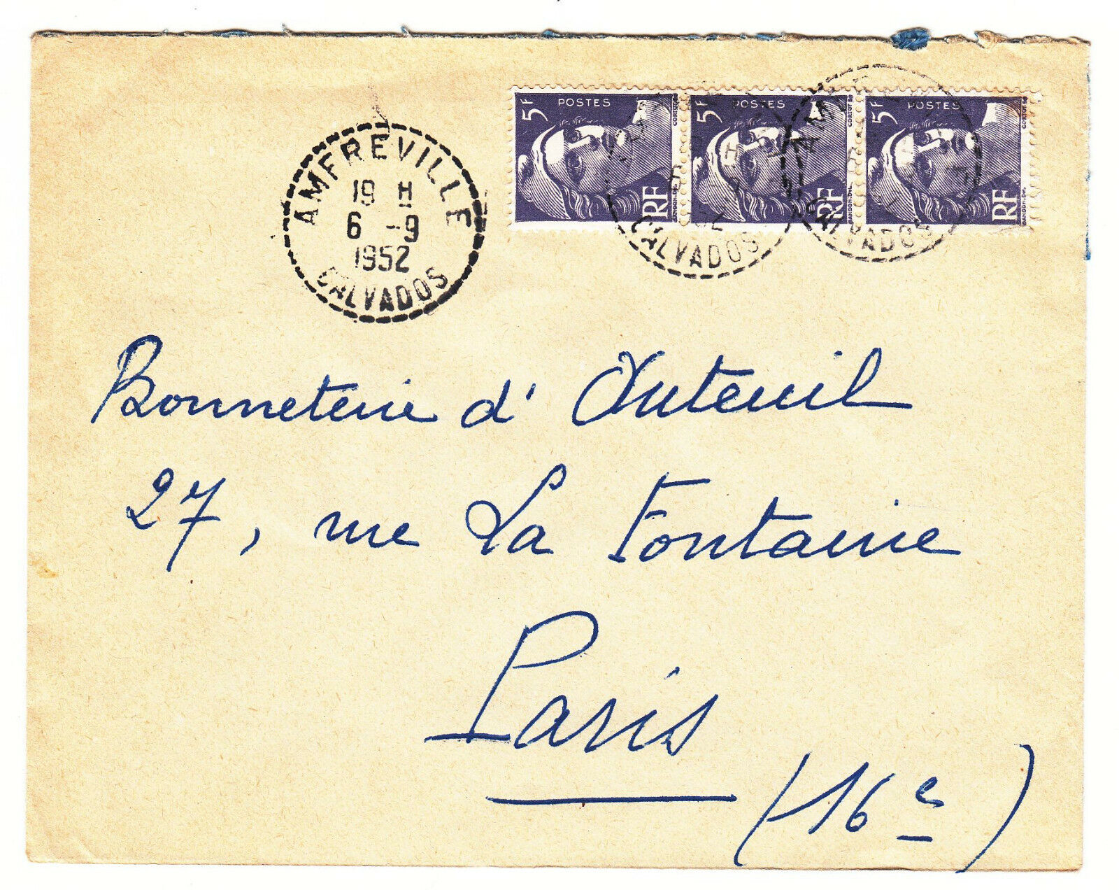 LETTRE AMFREVILLE POUR PARIS GANDON CACHET PERLE 1952 123849427759