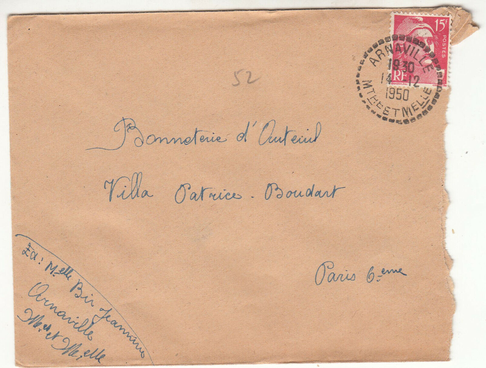 LETTRE ARNAVILLE POUR PARIS 1950 GANDON CACHET PERLE 123903980029