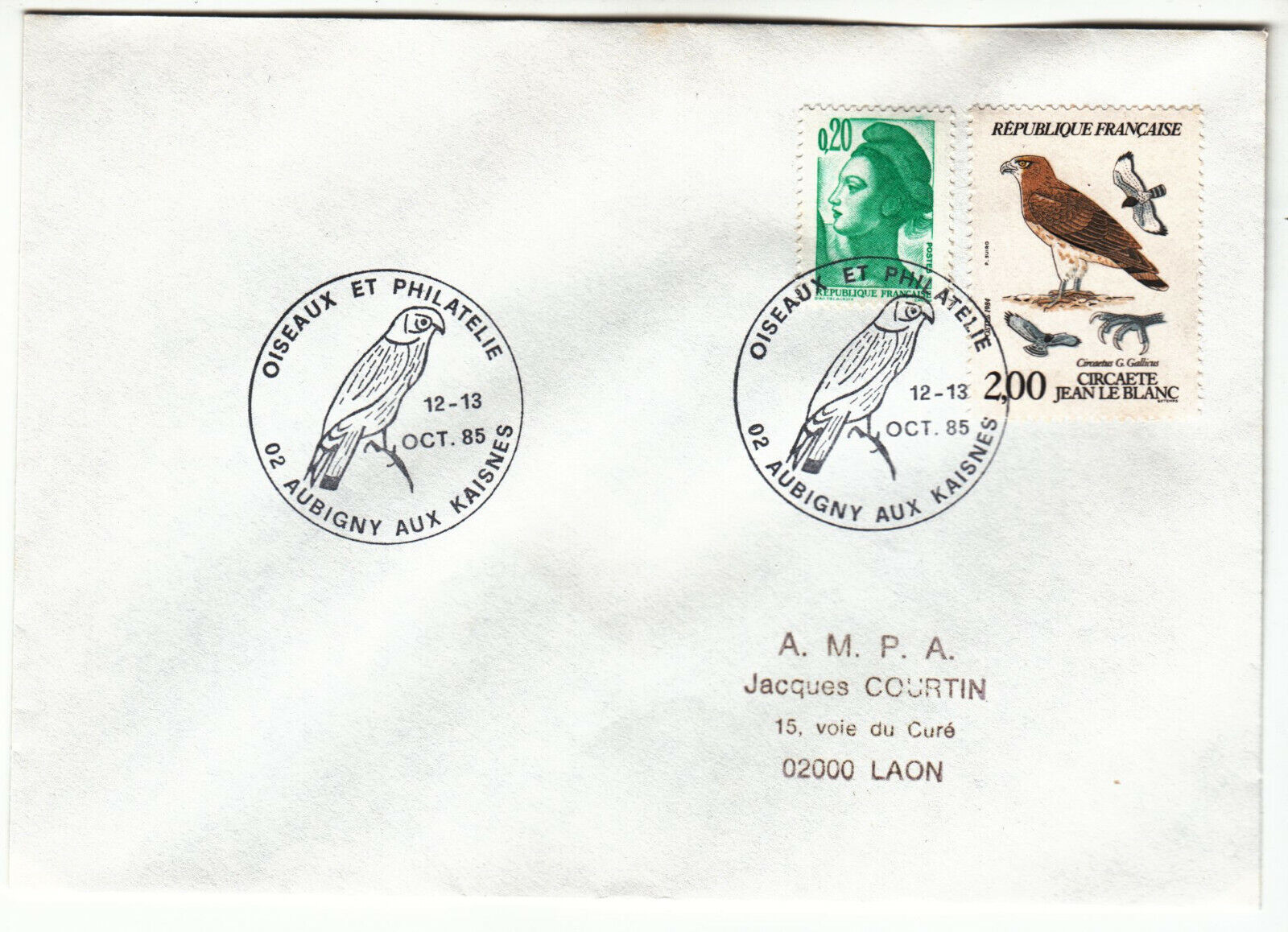 LETTRE AUBIGNY AUX KAISNES POUR LAON 1985 CACHET OISEAUX ET PHILATELIE 402072946669