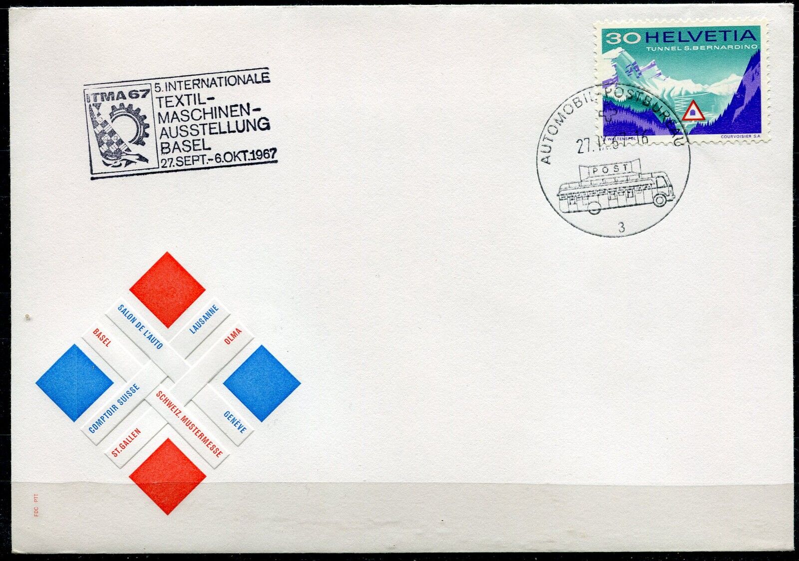 LETTRE AUTOMOBILE POSTBUREAU 1967 SUISSE FLAMME 400328780389