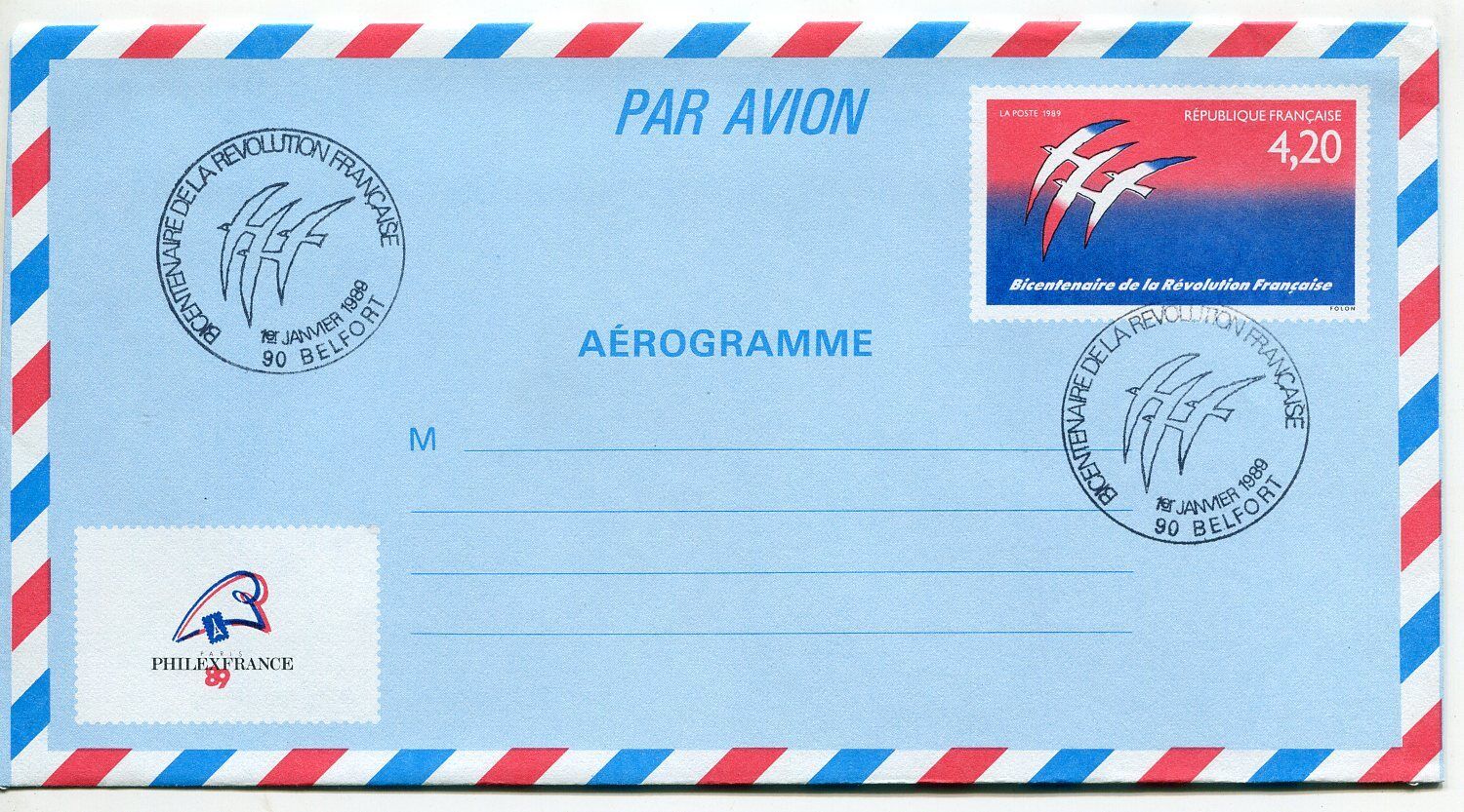 LETTRE BELFORT AEROGRAMME PREMIER JOUR BICENTENAIRE REVOLUTION 121170953069