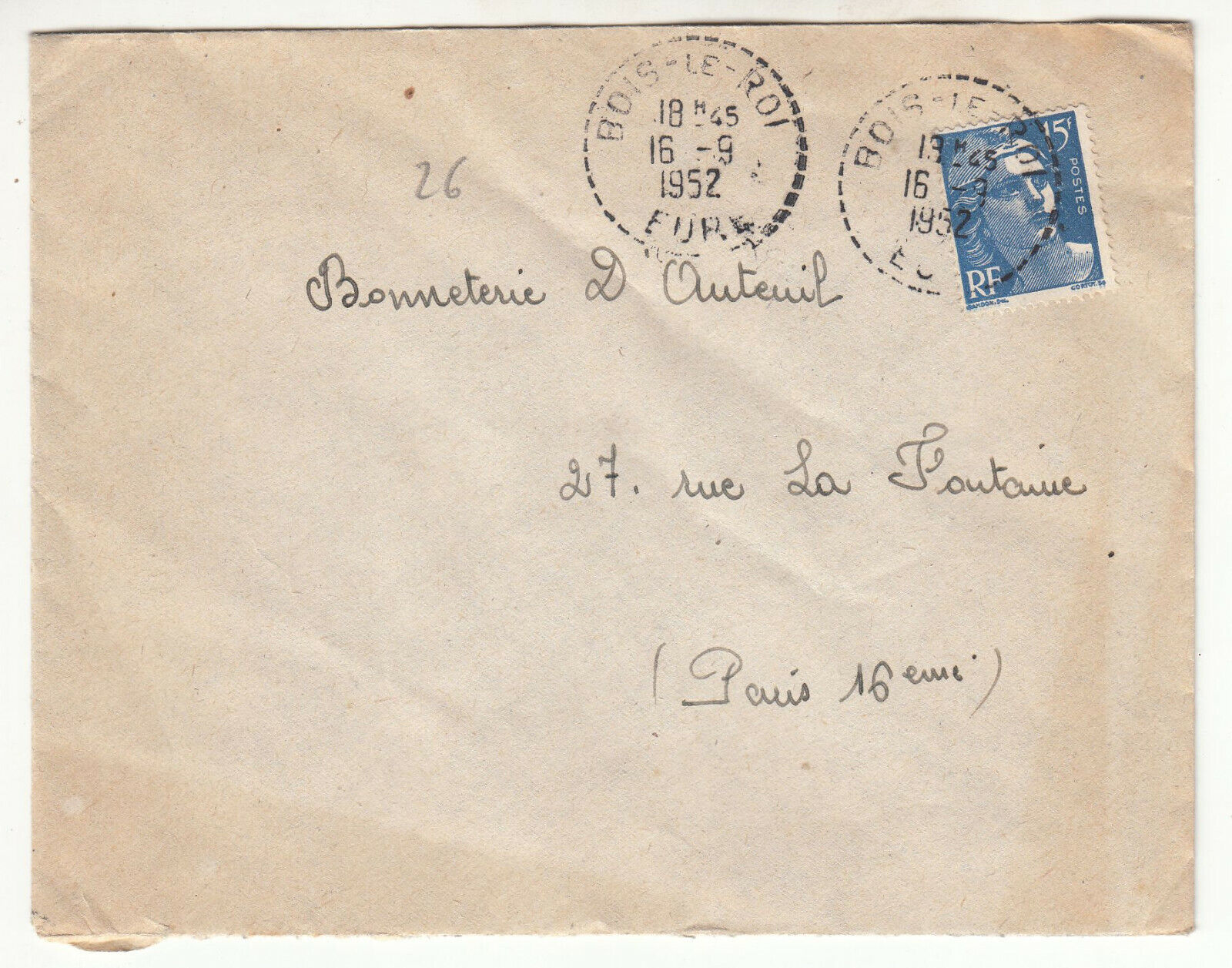 LETTRE BOIS LE ROI EURE POUR PARIS 1952 GANDON CACHET PERLE 123903976979