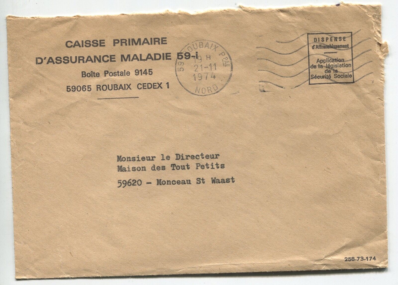 LETTRE CAISSE ASSURANCE MALADIE POUR MONCEAU ST WAAST 1974 FLAMME 120890214299