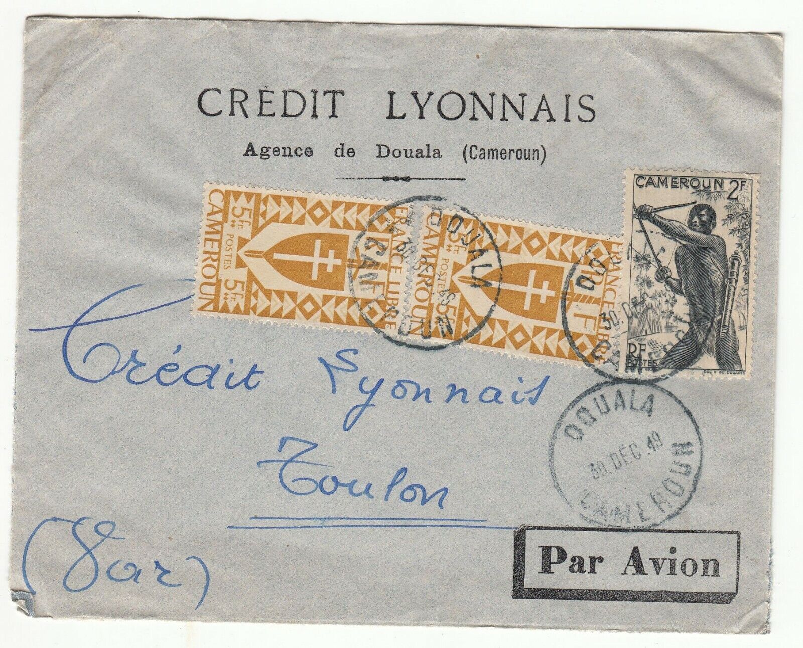 LETTRE CAMEROUN AGENCE DE DOUALA POUR TOULON 1949 CREDIT LYONNAIS PAR AVION 401754074509