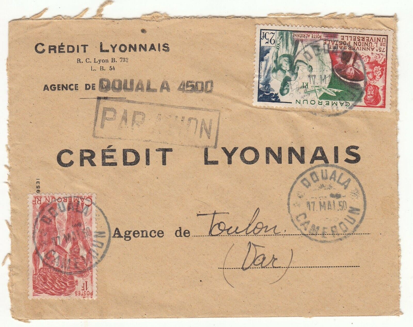 LETTRE CAMEROUN AGENCE DE DOUALA POUR TOULON 1950 CREDIT LYONNAIS PAR AVION 123743726769