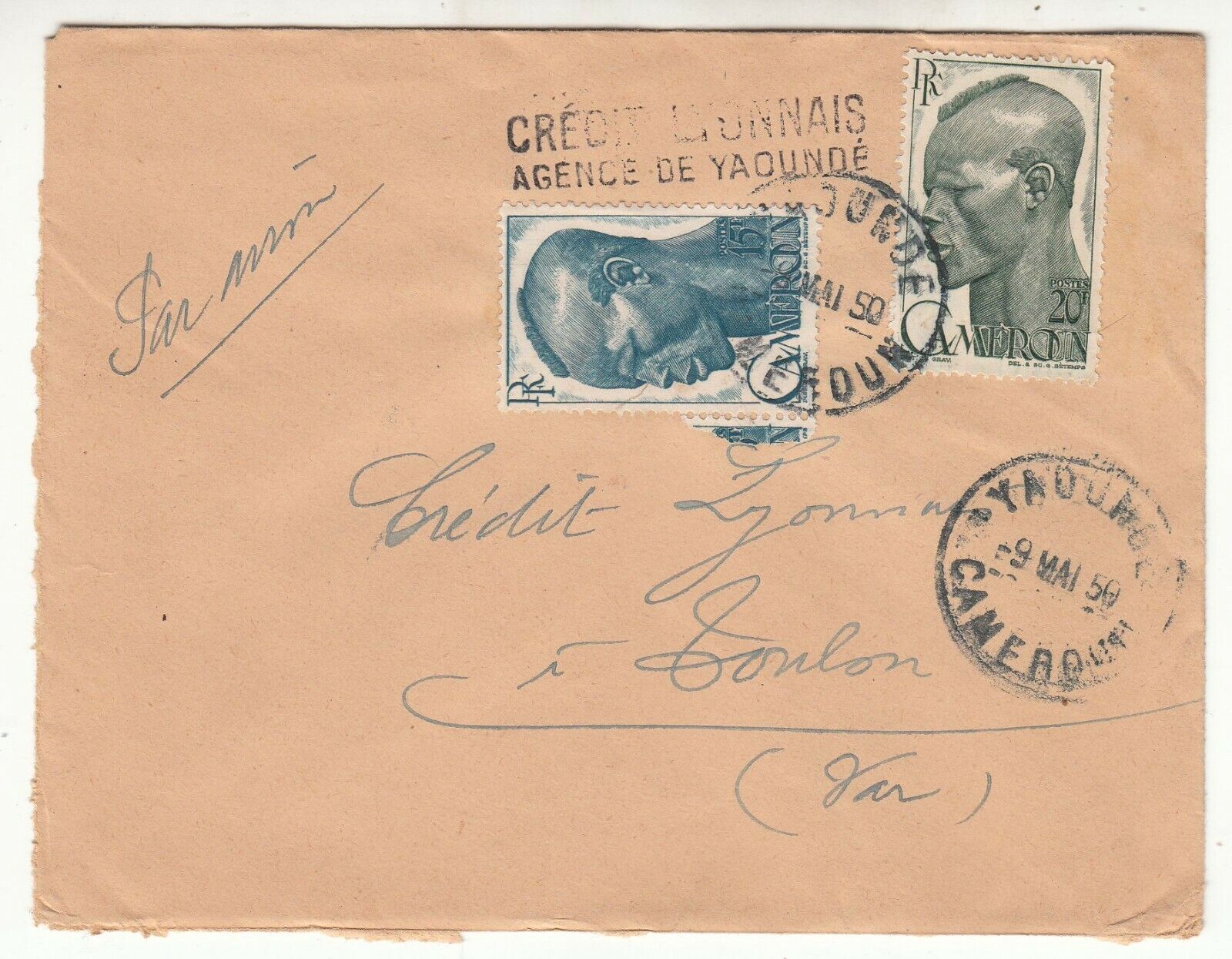 LETTRE CAMEROUN DOUALA TOULON CREDIT LYONNAIS 1950 PAR AVION 401771441059