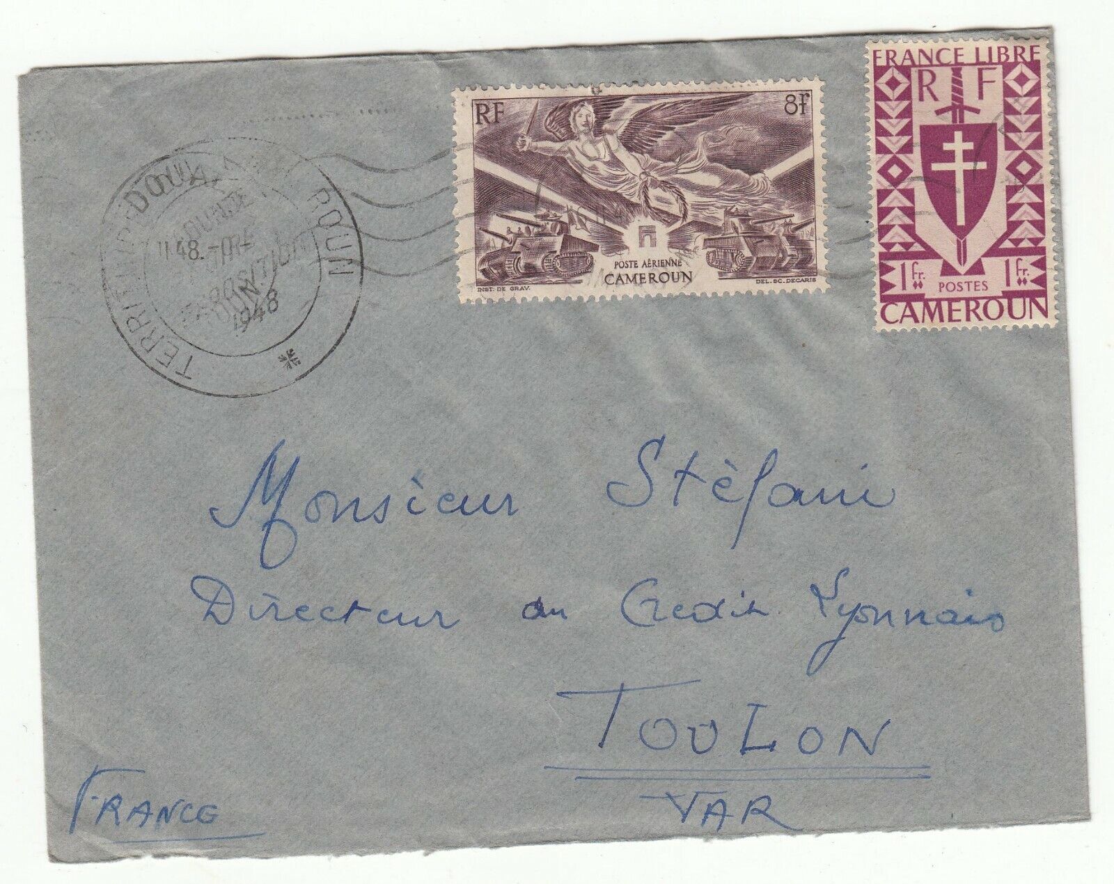 LETTRE CAMEROUN TERICTOIR DE DOUALA POUR TOULON 1948 CREDIT LYONNAIS PAR AVION 123743726759